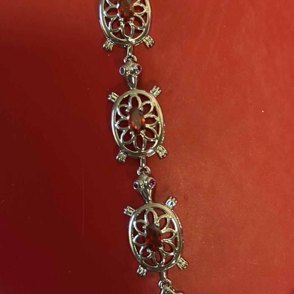 Silver Turtle Bracelet with Red Accents